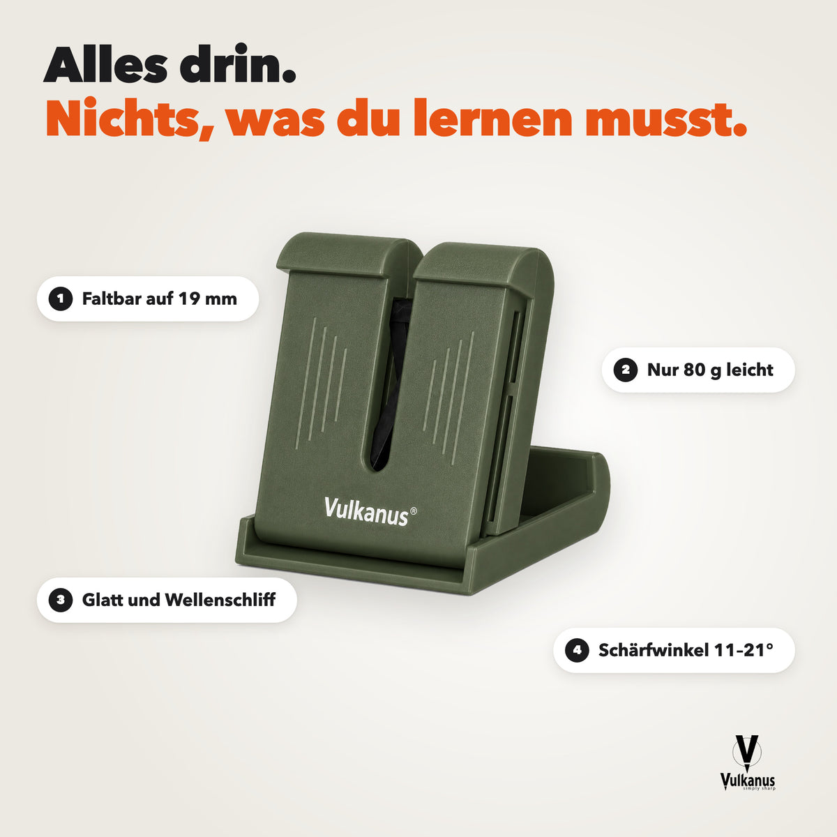 Vulkanus Basic in Deep Moss: faltbar auf 19 mm, 80 g, glatt und Wellenschliff, Schärfwinkel 11 bis 21 Grad