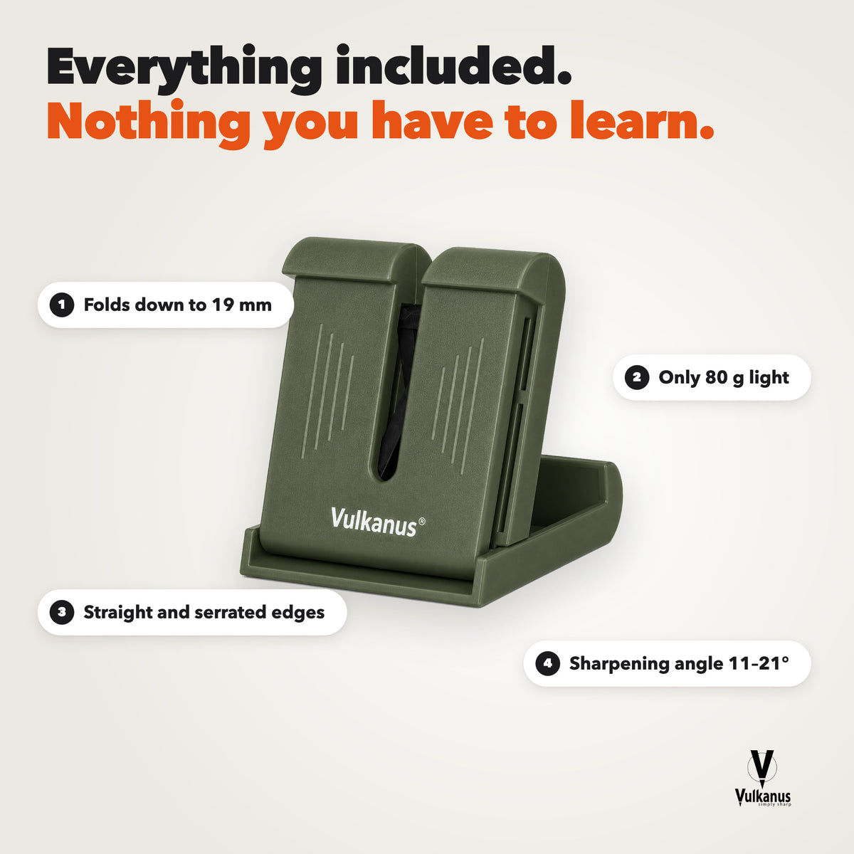 Vulkanus Basic in deep moss: folds down to 19 mm, 80 g, straight and serrated edges, sharpening angle 11 to 21 degrees
