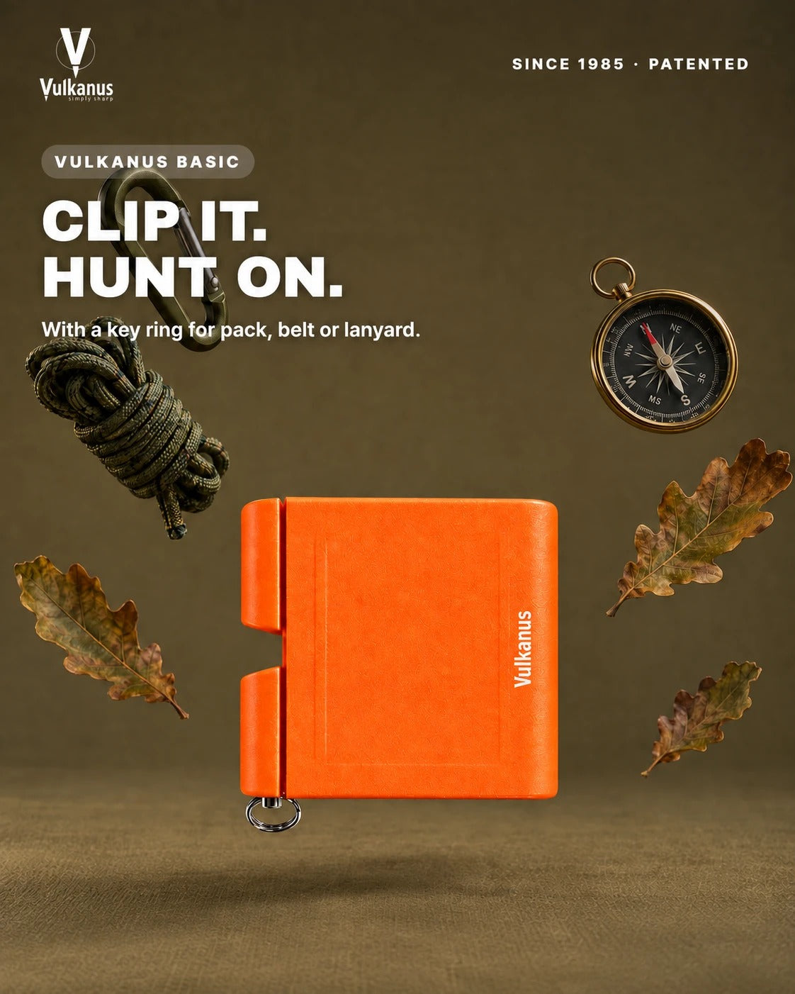 Vulkanus Basic in Signal Orange mit Schlüsselring am Rucksack, Gürtel oder Band