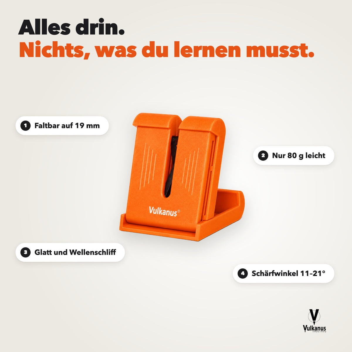 Vulkanus Basic in Signal Orange: faltbar auf 19 mm, 80 g, glatt und Wellenschliff, Schärfwinkel 11 bis 21 Grad