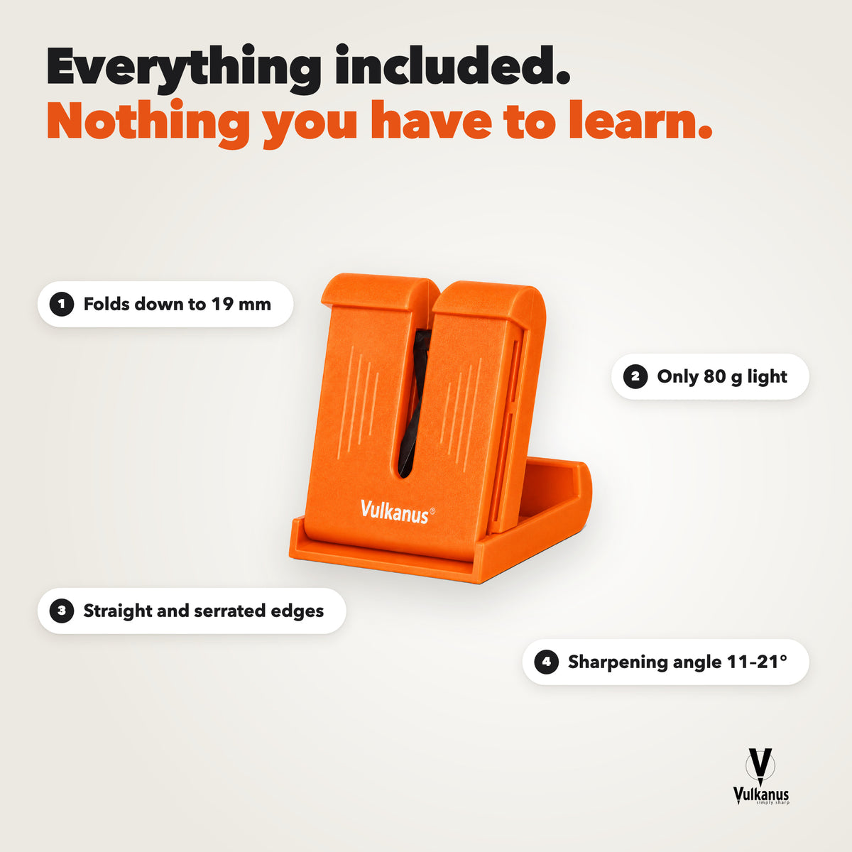 Vulkanus Basic in signal orange: folds down to 19 mm, 80 g, straight and serrated edges, sharpening angle 11 to 21 degrees