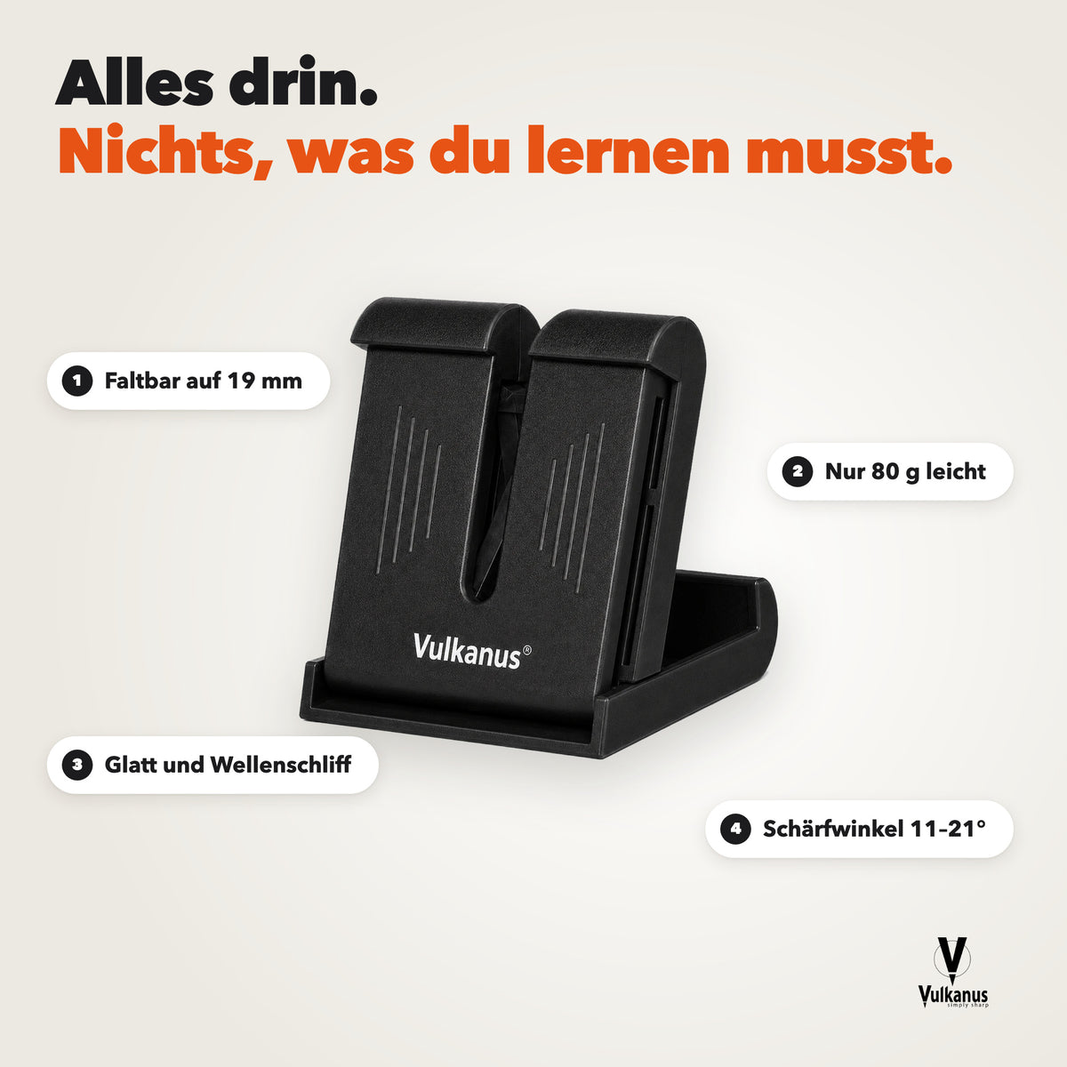 Vulkanus Basic in Schwarz: faltbar auf 19 mm, 80 g, glatt und Wellenschliff, Schärfwinkel 11 bis 21 Grad