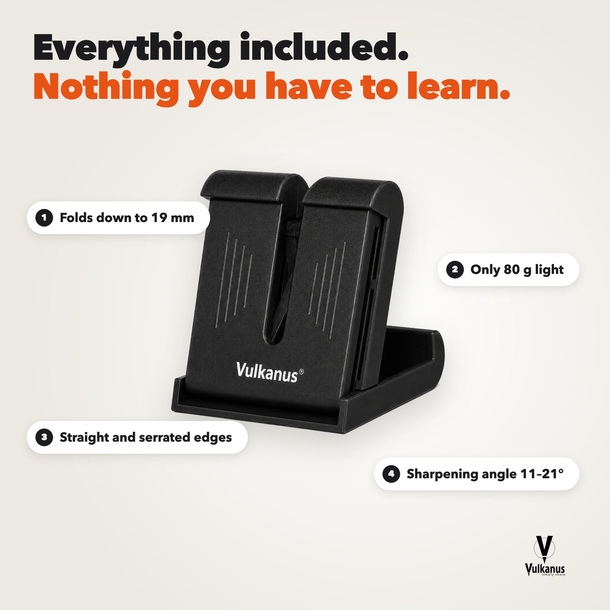 Vulkanus Basic in black: folds down to 19 mm, 80 g, straight and serrated edges, sharpening angle 11 to 21 degrees