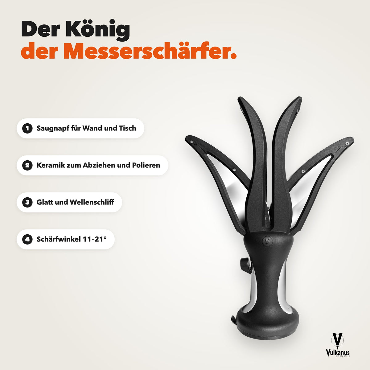 Vulkanus Crown Details: Saugnapf für Wand und Tisch, Keramik zum Abziehen und Polieren, glatt und Wellenschliff, Schärfwinkel 11 bis 21 Grad