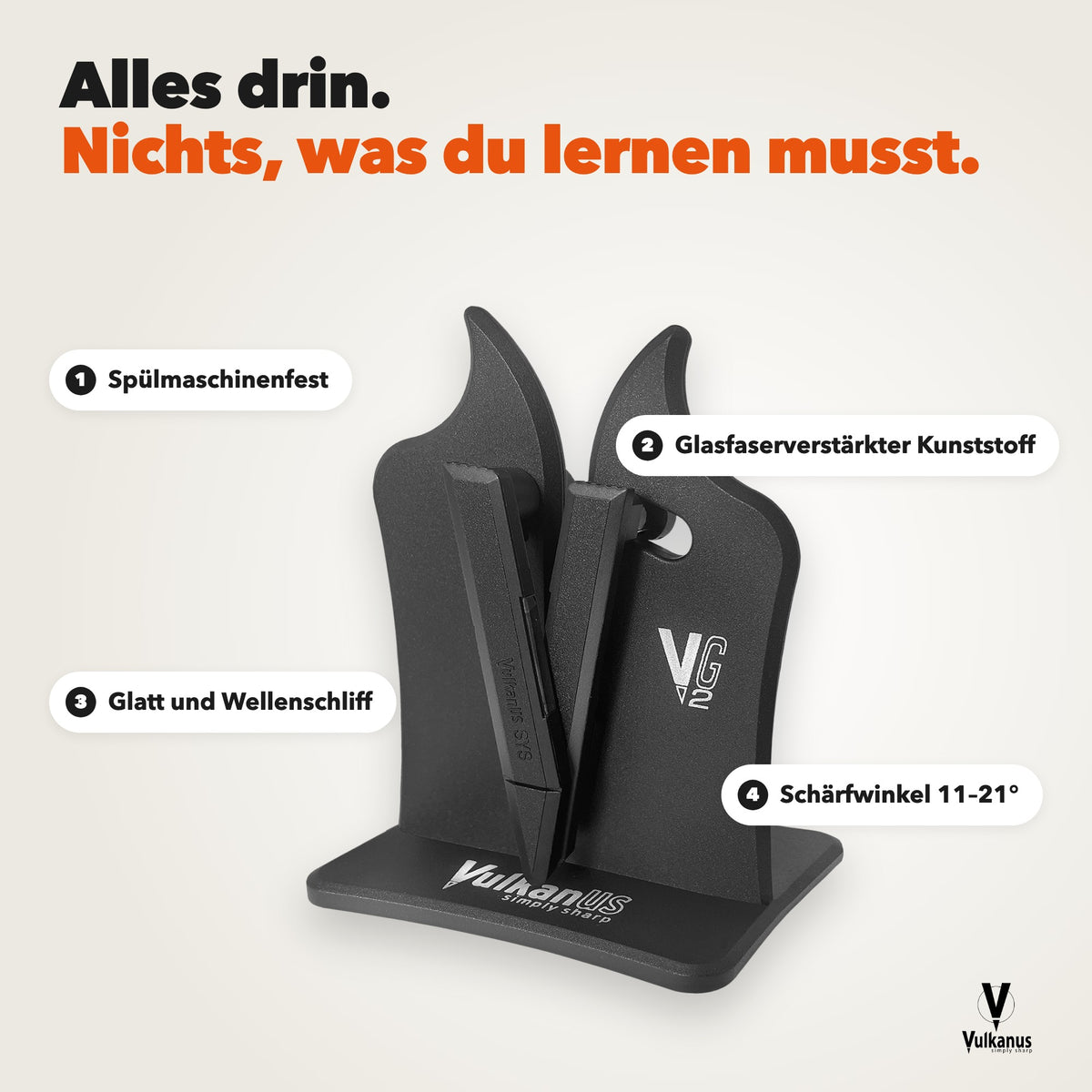 Vulkanus VG2 Classic Details: spülmaschinenfest, glasfaserverstärkter Kunststoff, glatt und Wellenschliff, Schärfwinkel 11 bis 21 Grad