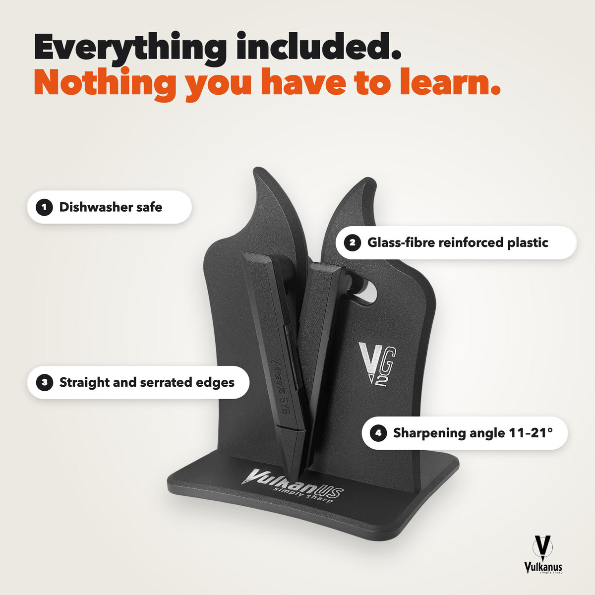 Vulkanus VG2 Classic details: dishwasher safe, glass-fibre reinforced plastic, straight and serrated edges, sharpening angle 11 to 21 degrees