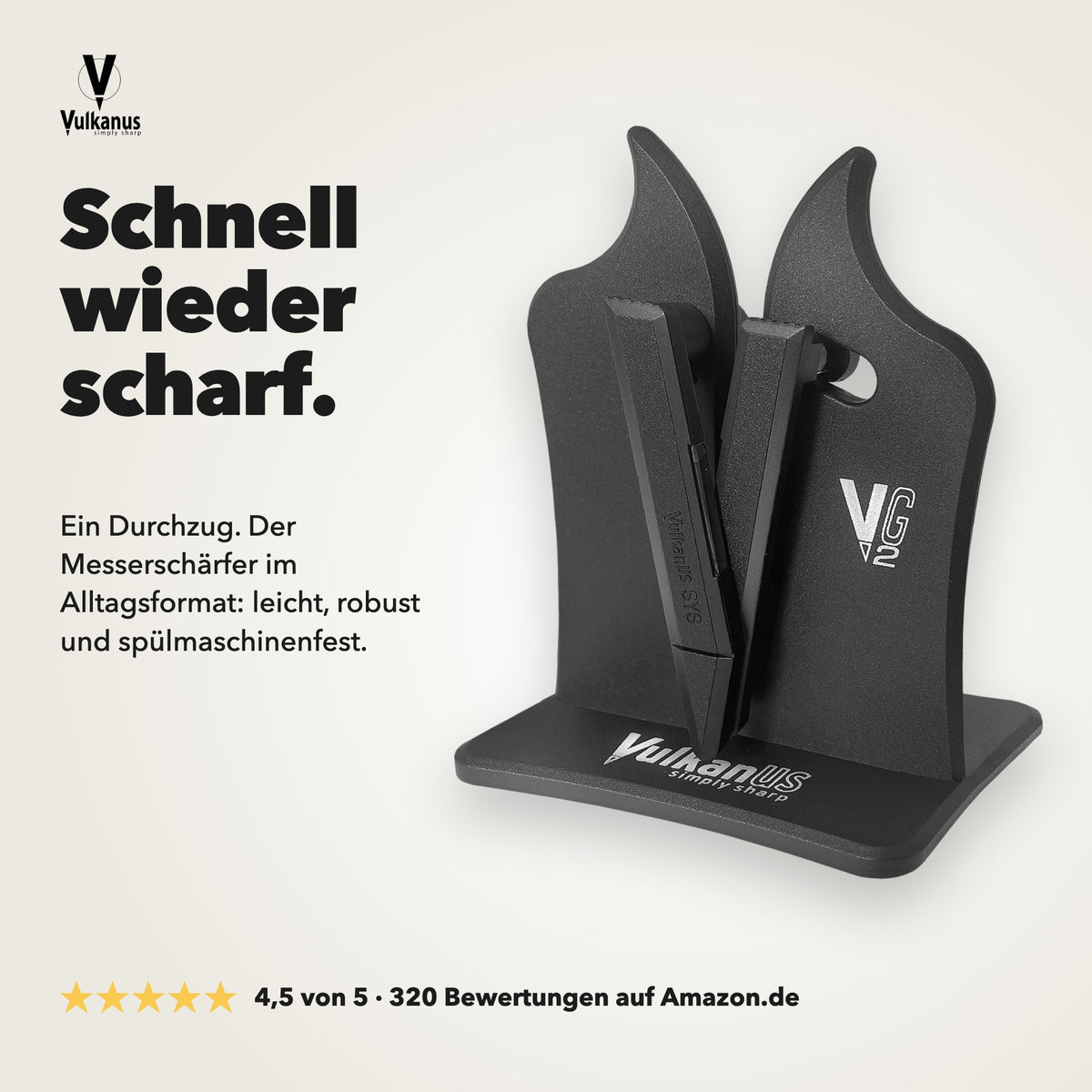Vulkanus VG2 Classic Messerschärfer, schnell wieder scharf, leicht und spülmaschinenfest