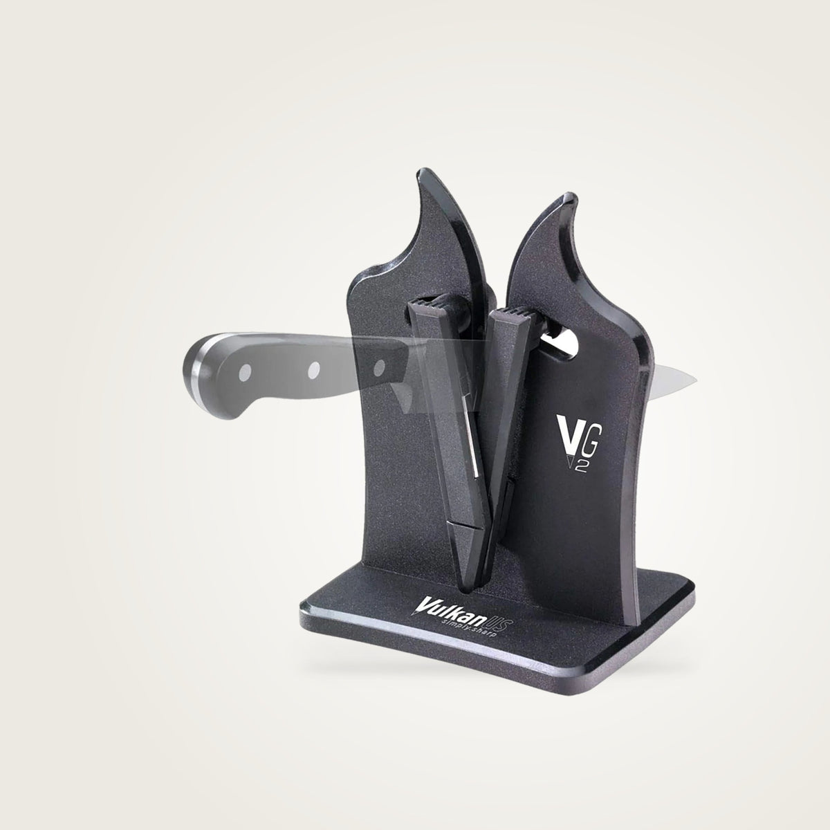 Vulkanus VG2 Classic Messerschärfer in Schwarz mit Messer im Gerät, schnell wieder scharf