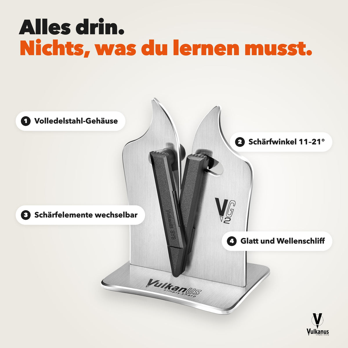 Vulkanus VG2 Professional Details: Volledelstahl-Gehäuse, Schärfwinkel 11 bis 21 Grad, wechselbare Schärfelemente, glatt und Wellenschliff
