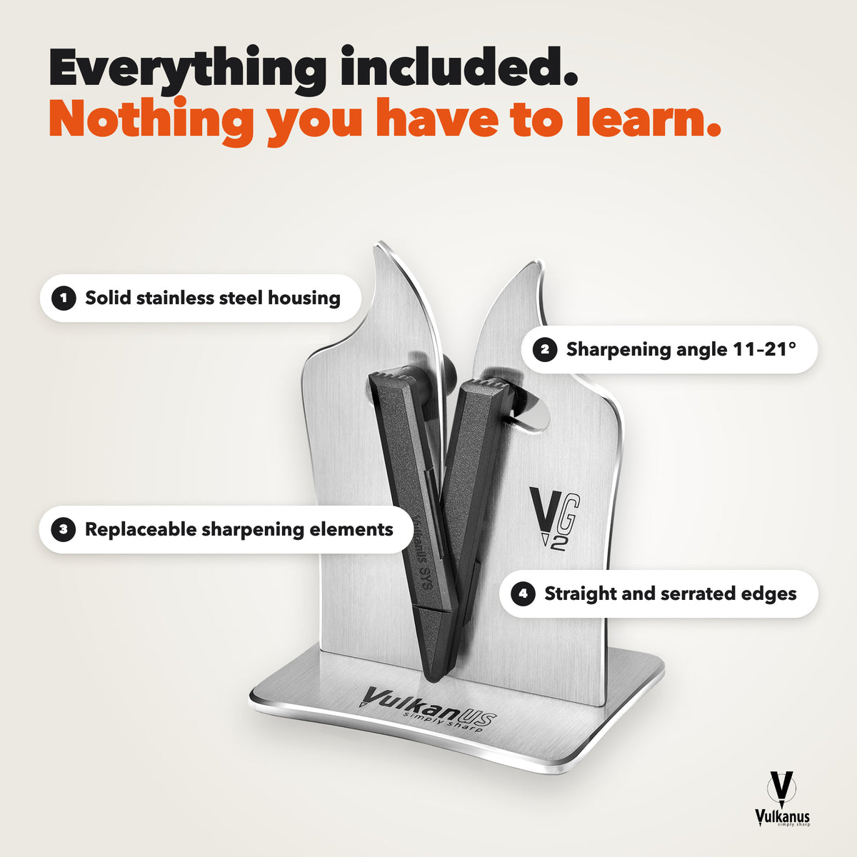 Vulkanus VG2 Professional details: stainless steel housing, sharpening angle 11 to 21 degrees, replaceable sharpening elements, straight and serrated edges