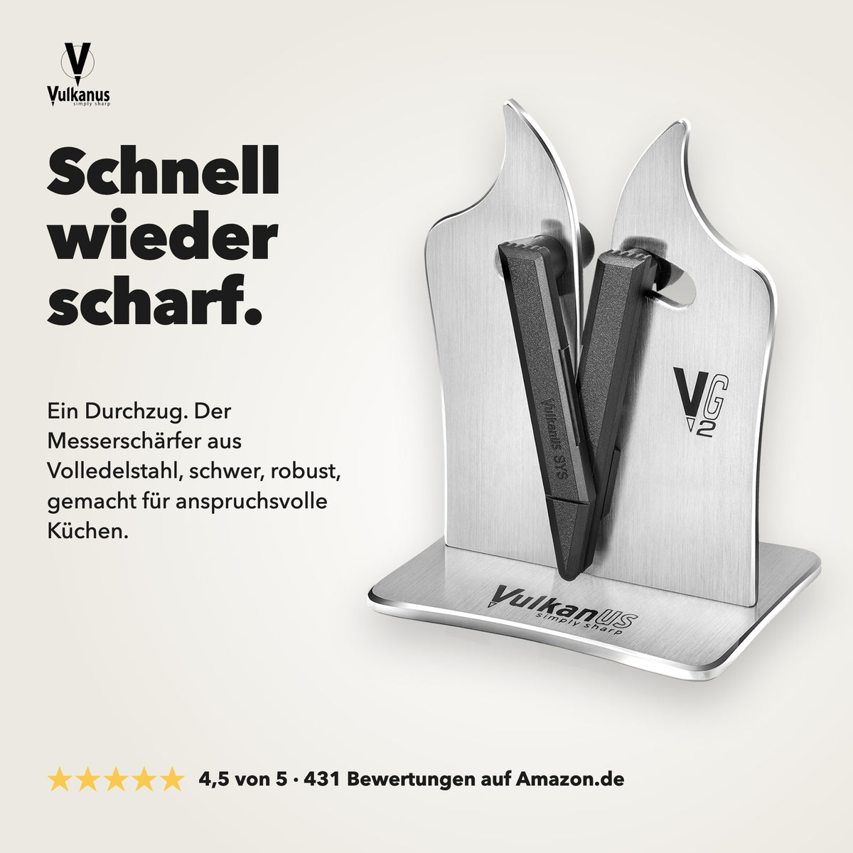 Vulkanus VG2 Professional Messerschärfer aus Volledelstahl, schnell wieder scharf mit einem Durchzug