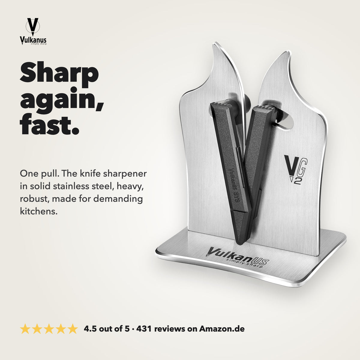 Vulkanus VG2 Professional knife sharpener in solid stainless steel, sharp again fast with one pull