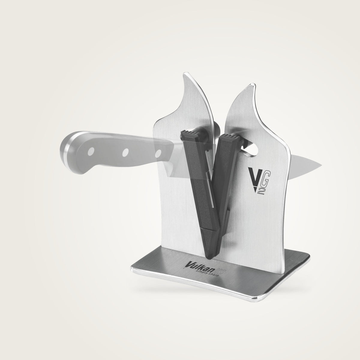 Vulkanus VG2 Professional Messerschärfer aus Volledelstahl mit Messer im Gerät, schnell wieder scharf